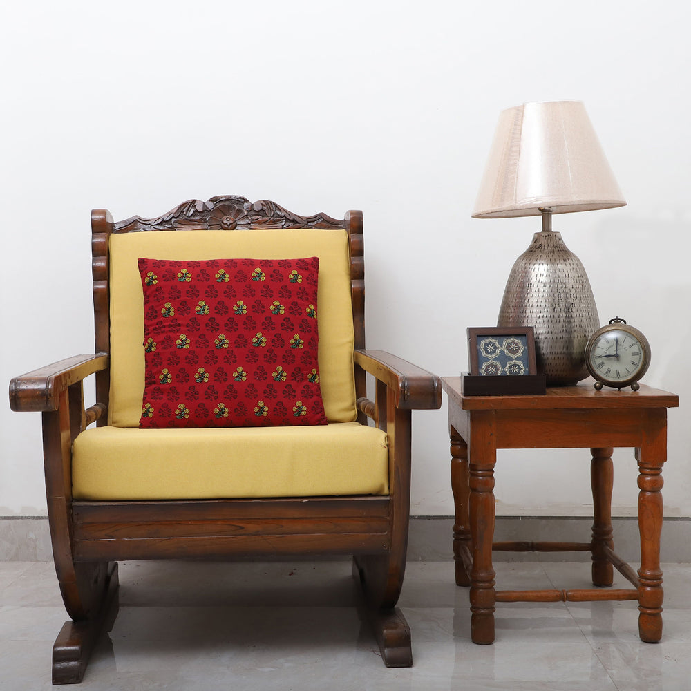 Red - Flower - Alazarin Hand Block Printed Cotton Cushion Cover with Beadwork