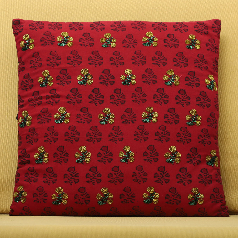 Red - Flower - Alazarin Hand Block Printed Cotton Cushion Cover with Beadwork