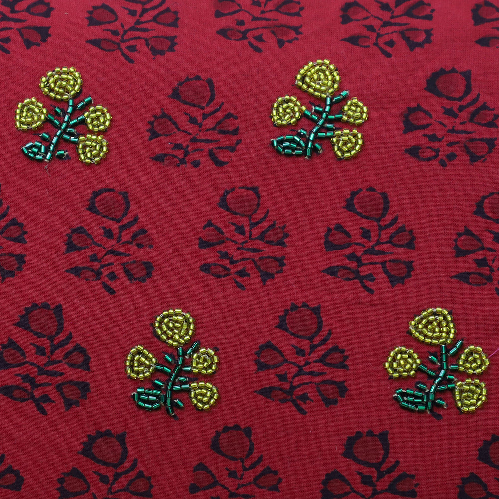 Red - Flower - Alazarin Hand Block Printed Cotton Cushion Cover with Beadwork