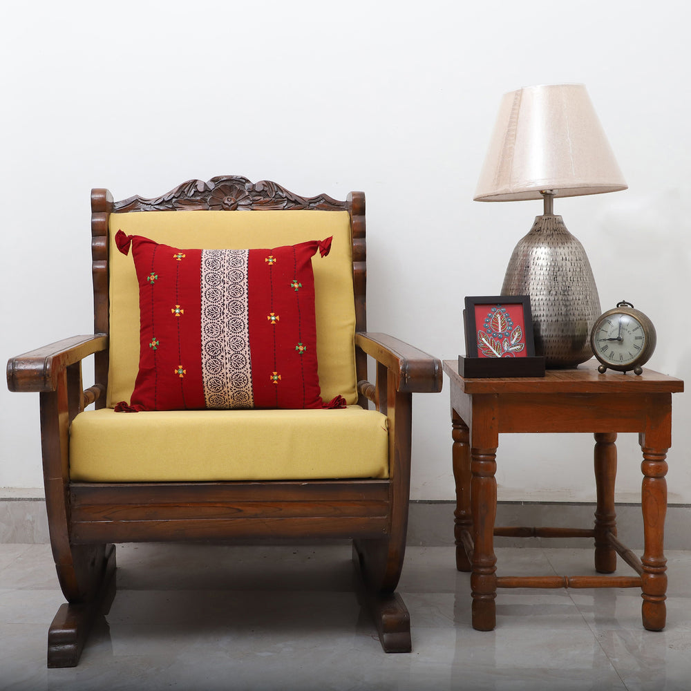 Red - Bagh Hand Block Printed Cotton Cushion Cover with Thread Embroidery