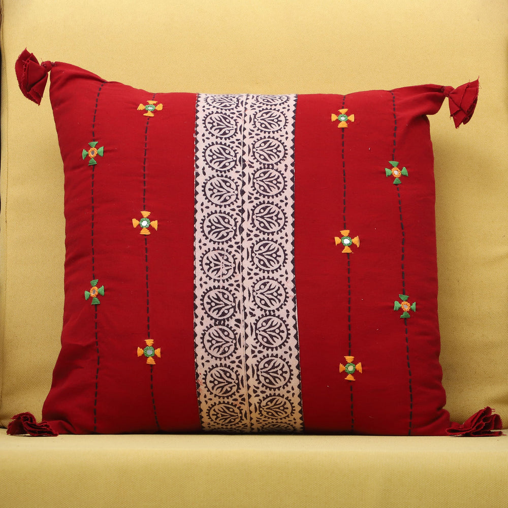 Red - Bagh Hand Block Printed Cotton Cushion Cover with Thread Embroidery