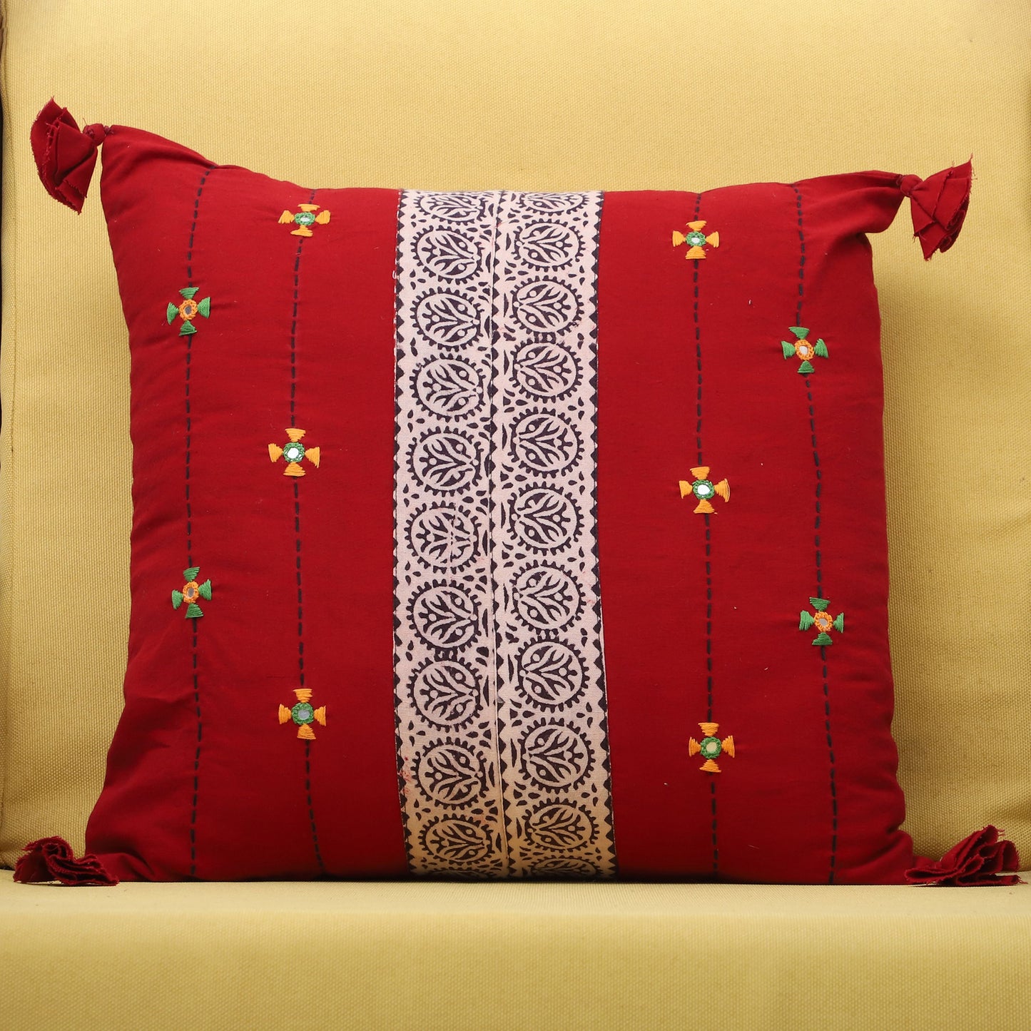 Bagh Hand Block Printed Cotton Cushion Cover with Thread Embroidery