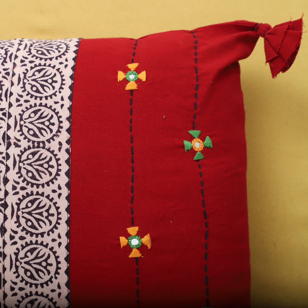 Red - Bagh Hand Block Printed Cotton Cushion Cover with Thread Embroidery