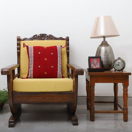 Red - Bagh Hand Block Printed Cotton Cushion Cover with Thread Embroidery