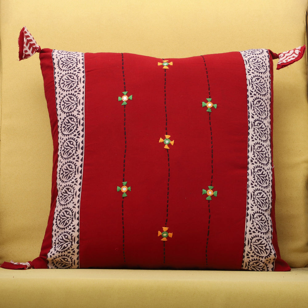 Red - Bagh Hand Block Printed Cotton Cushion Cover with Thread Embroidery