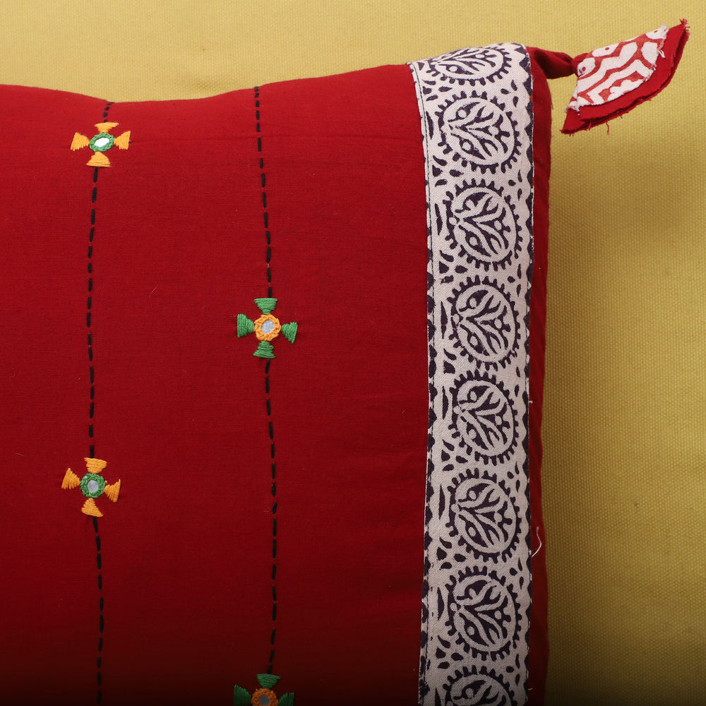 Red - Bagh Hand Block Printed Cotton Cushion Cover with Thread Embroidery