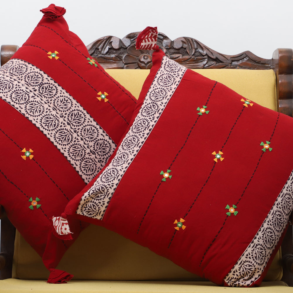 Red - Bagh Hand Block Printed Cotton Cushion Cover with Thread Embroidery (Set of 2)