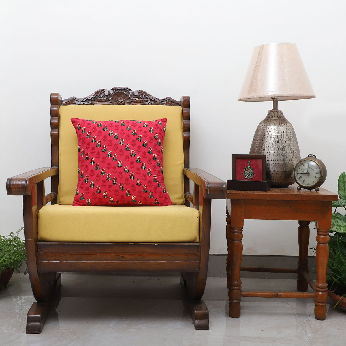 Pink - Flower - Alazarin Hand Block Printed Cotton Cushion Cover with Beadwork