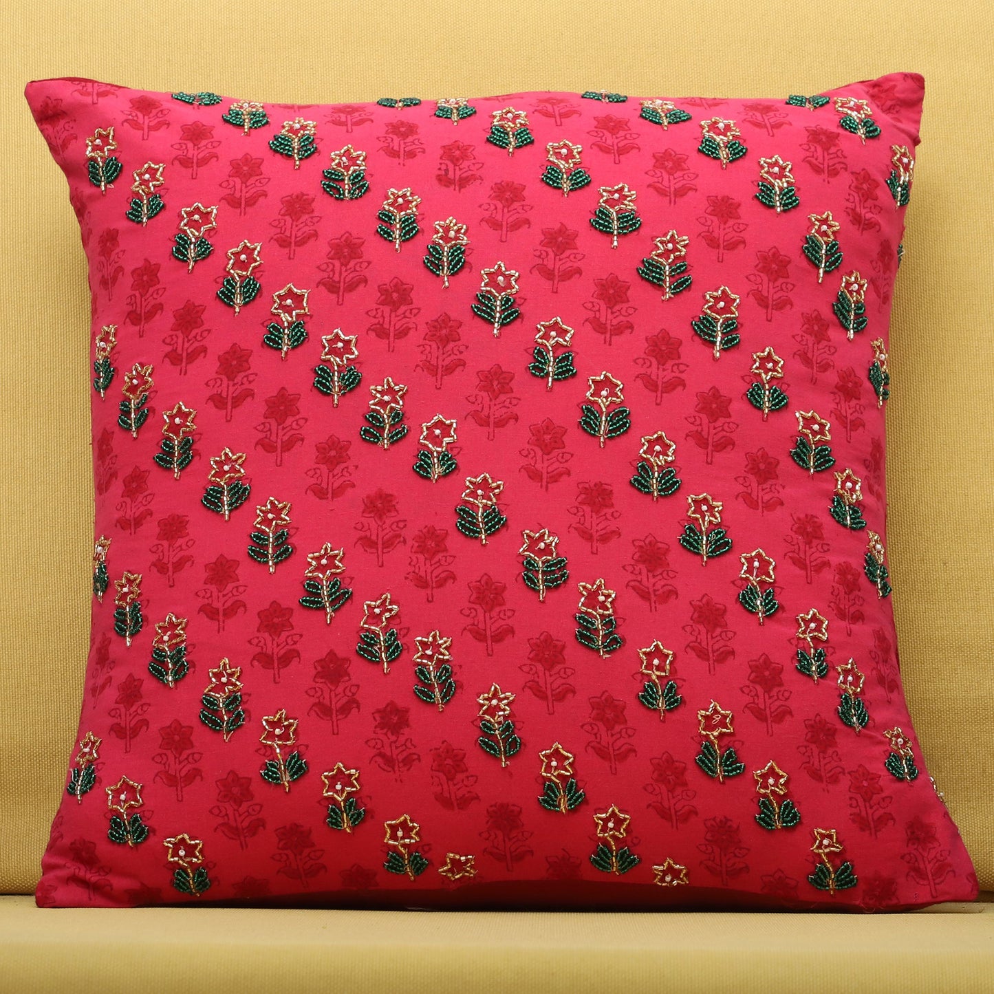 Pink - Flower - Alazarin Hand Block Printed Cotton Cushion Cover with Beadwork