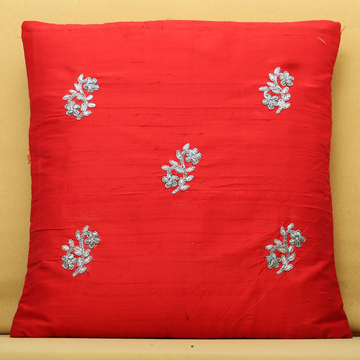 Raw Silk Cushion Cover with Zardozi Hand Embroidered Butas