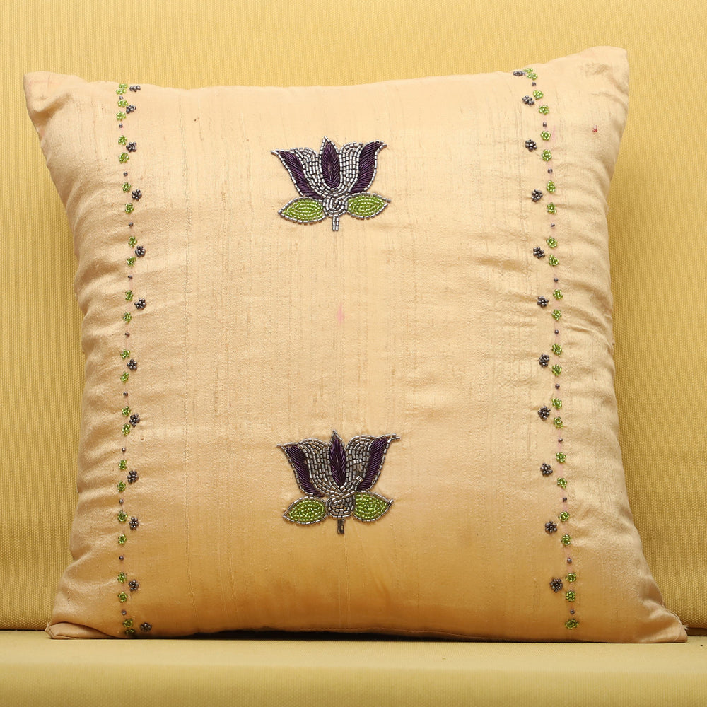 Beige - Lotus Buta - Beadwork Raw Silk Cushion Cover