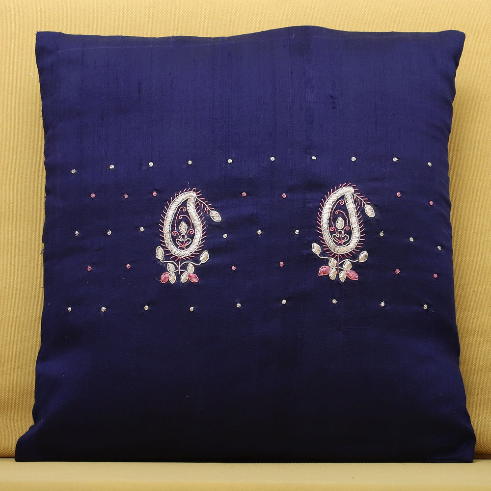 Blue - Paisley Butas - Zardozi Hand Embroidered Raw Silk Cushion Cover