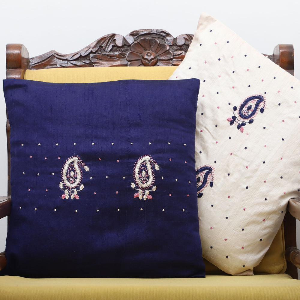 Blue - Paisley Butas - Zardozi Hand Embroidered Raw Silk Cushion Cover (Set of 5)