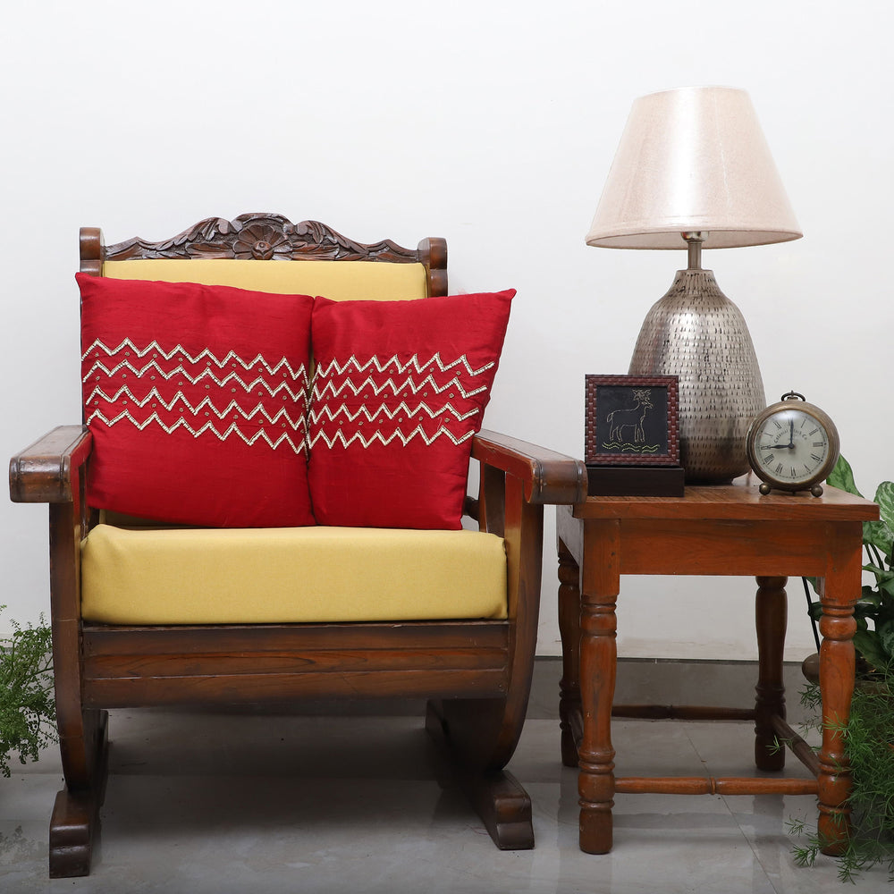 Red - Zigzag - Beadwork Raw Silk Cushion Cover