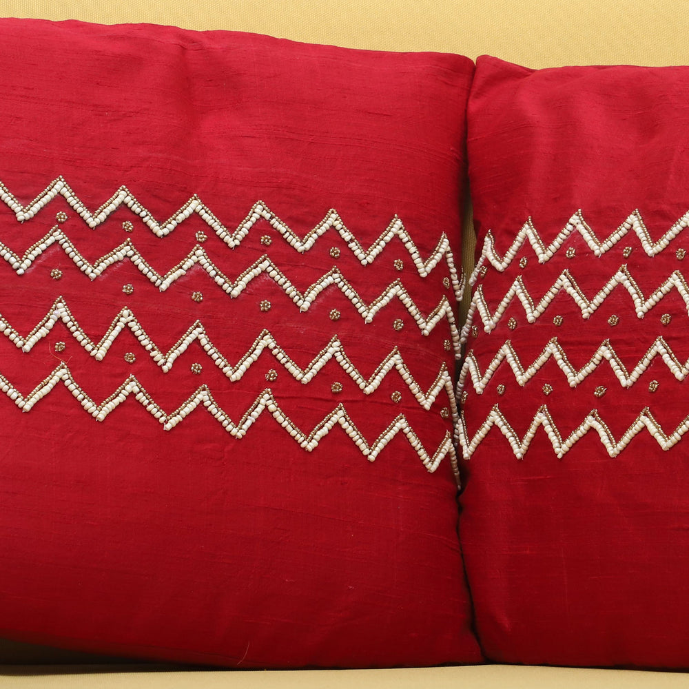 Red - Zigzag - Beadwork Raw Silk Cushion Cover