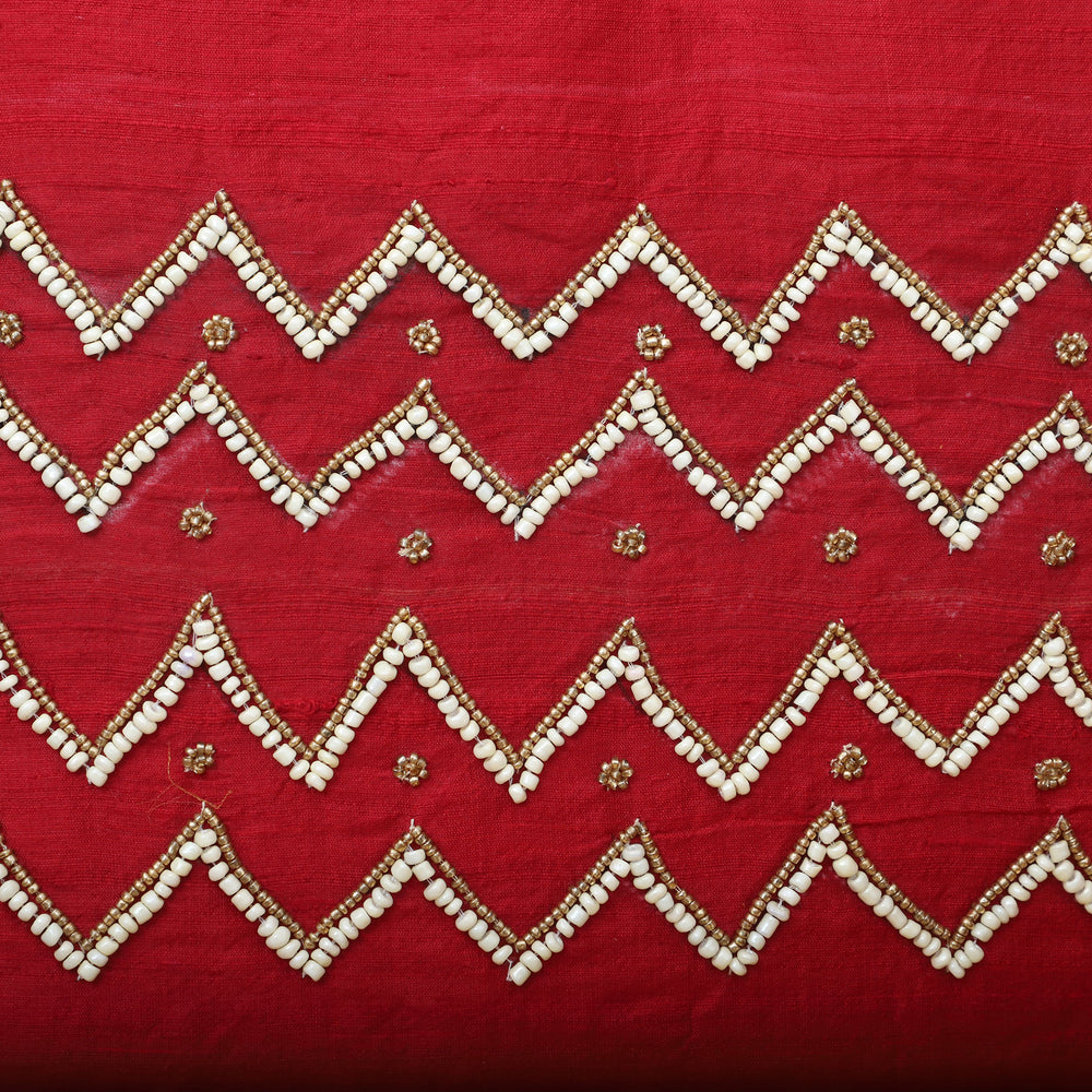 Red - Zigzag - Beadwork Raw Silk Cushion Cover