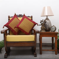 Brown - Bagh Hand Block Printed Cotton Cushion Cover with Thread Embroidery