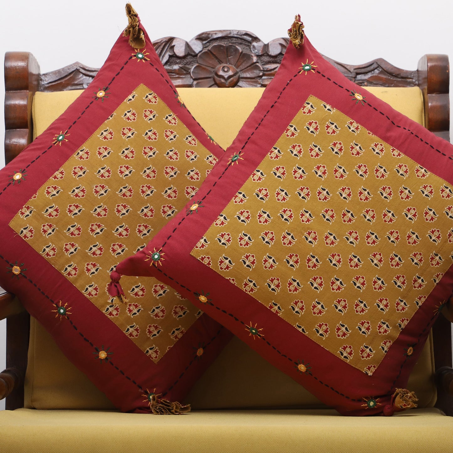 Brown - Bagh Hand Block Printed Cotton Cushion Cover with Thread Embroidery