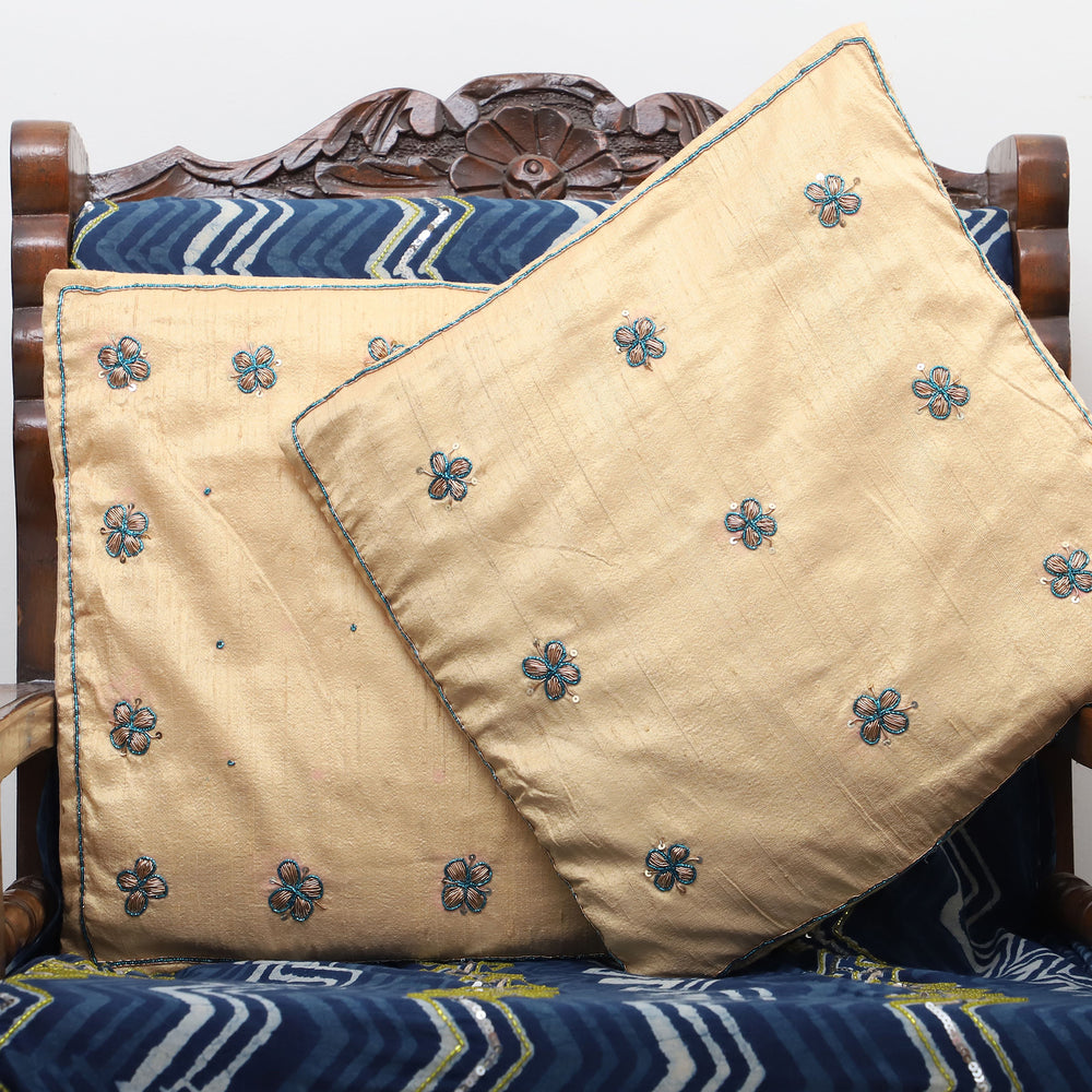 Beige - Flower Butas - Zardozi Hand Embroidered Raw Silk Cushion Cover (Set of 2)