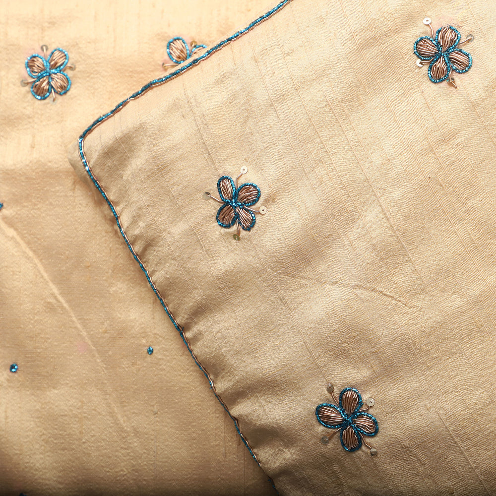 Beige - Flower Butas - Zardozi Hand Embroidered Raw Silk Cushion Cover (Set of 2)