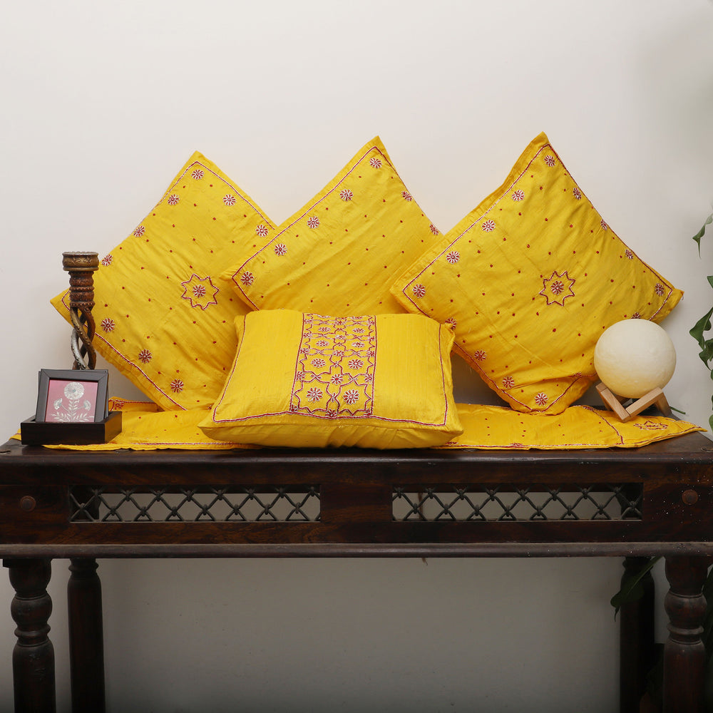 Yellow - Star Butas - Zardozi Hand Embroidered Raw Silk Cushion Cover (Set of 5)