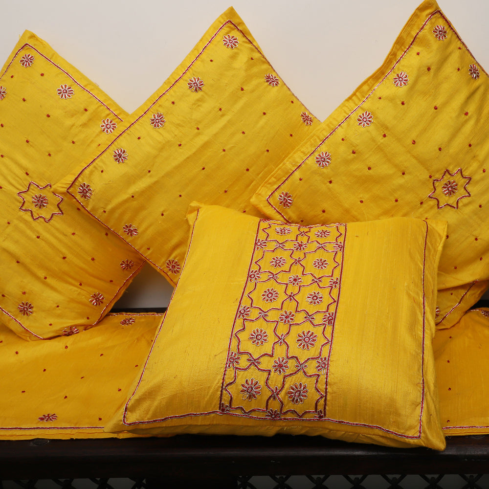 Yellow - Star Butas - Zardozi Hand Embroidered Raw Silk Cushion Cover (Set of 5)