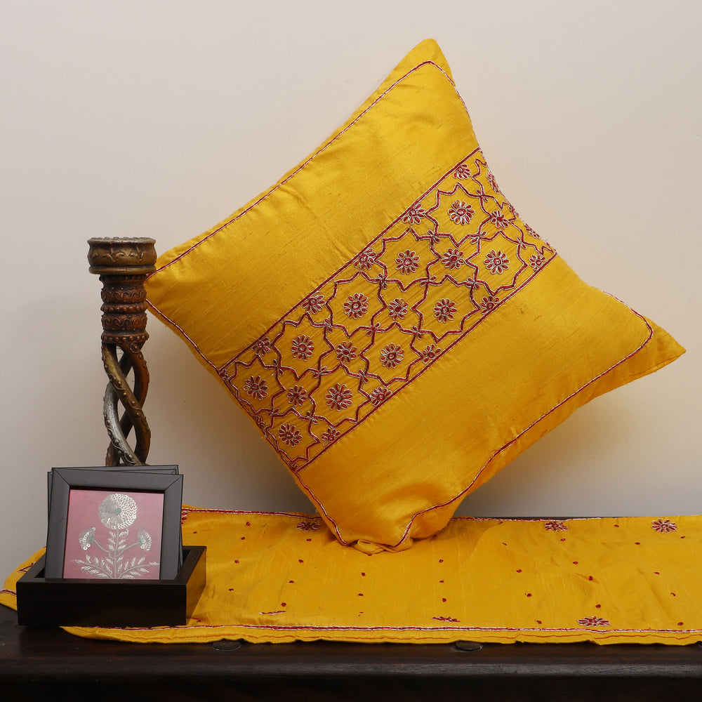 Yellow - Star Butas - Zardozi Hand Embroidered Raw Silk Cushion Cover (Set of 5)