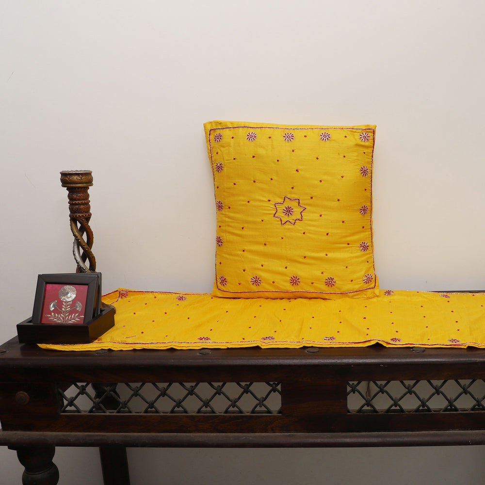 Yellow - Star Butas - Zardozi Hand Embroidered Raw Silk Cushion Cover (Set of 5)