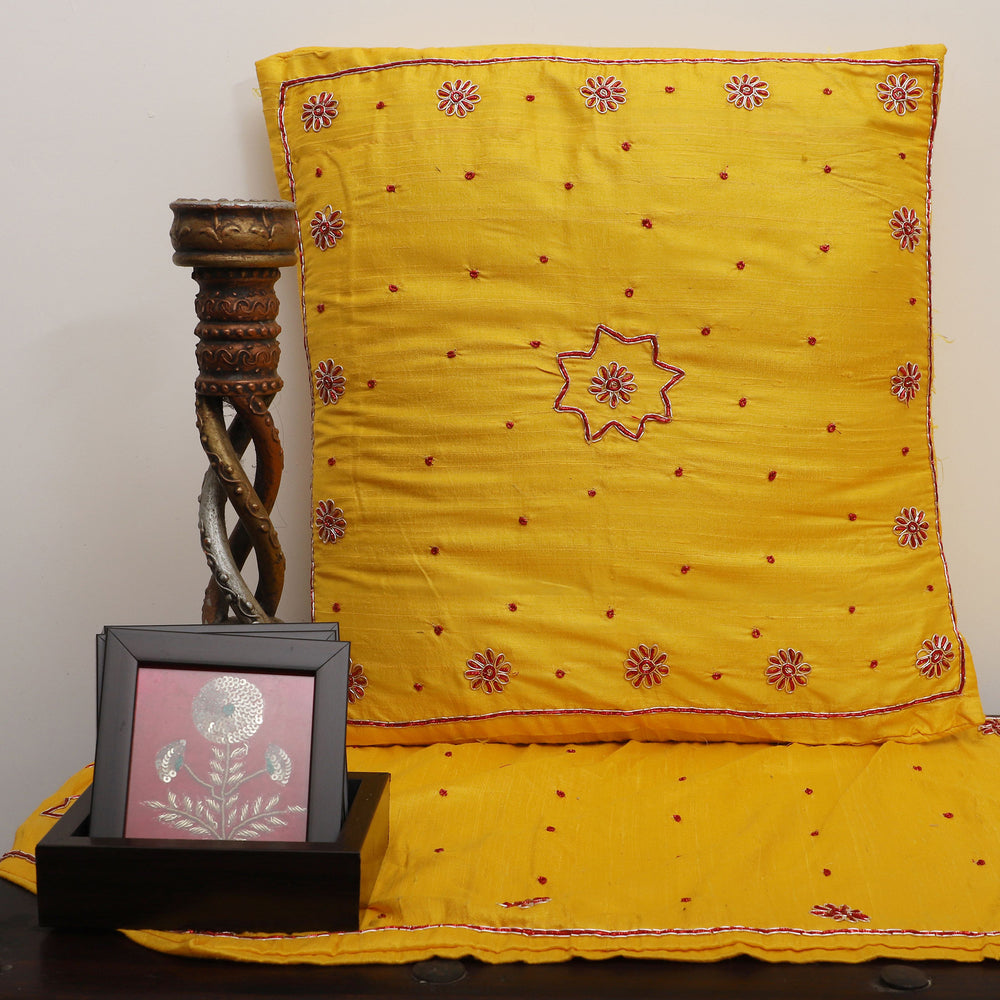 Yellow - Star Butas - Zardozi Hand Embroidered Raw Silk Cushion Cover (Set of 5)