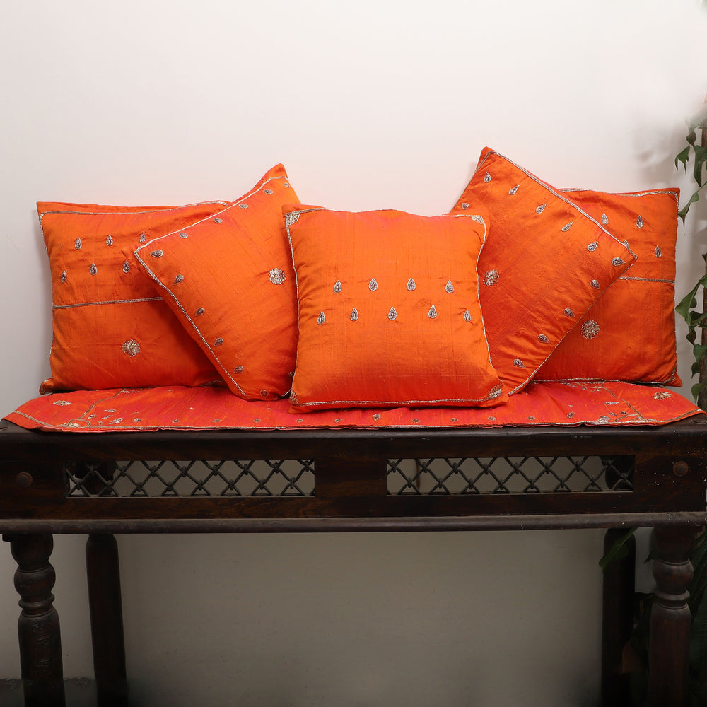 Orange - Drop Butas - Zardozi Hand Embroidered Raw Silk Cushion Cover (Set of 6)