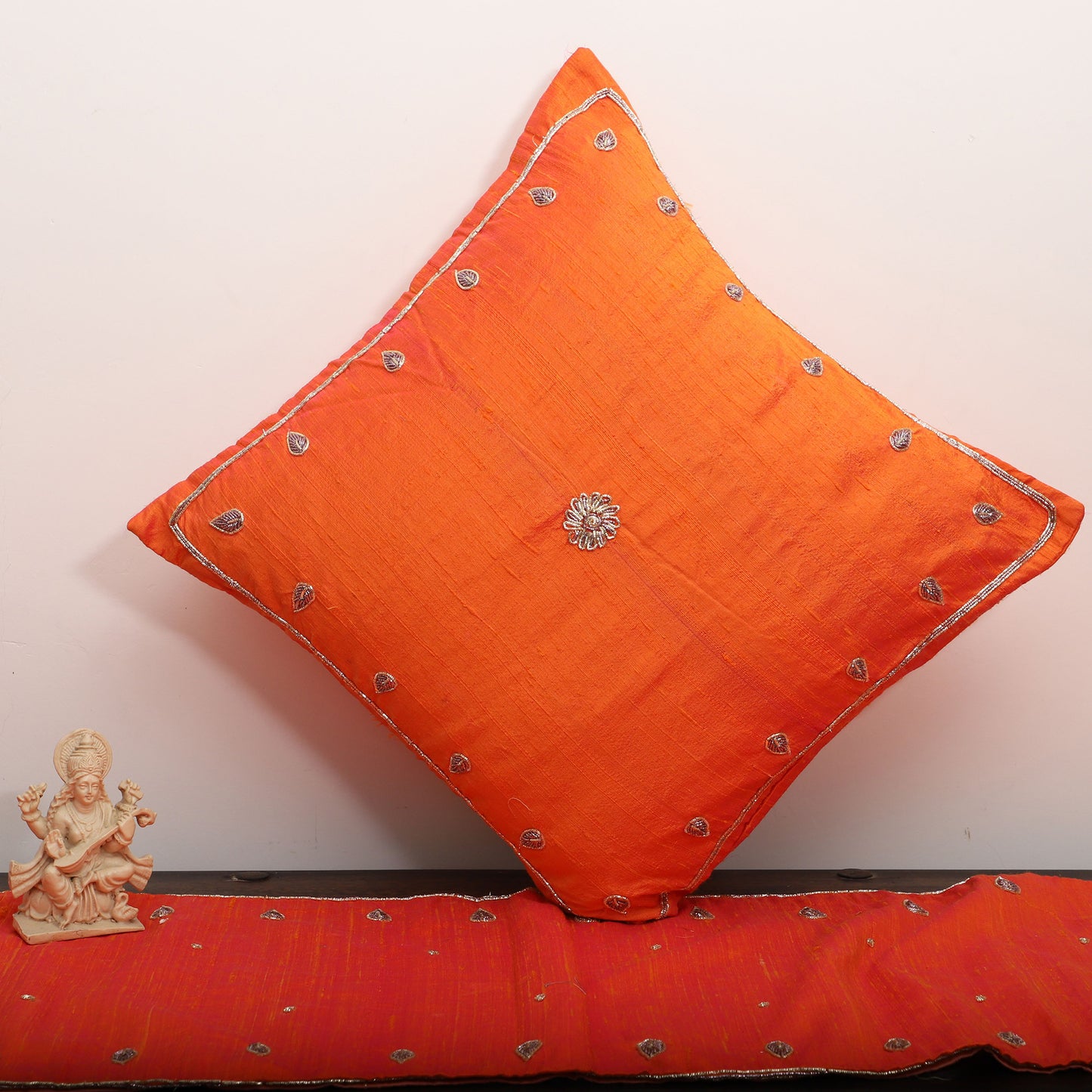 Orange - Drop Butas - Zardozi Hand Embroidered Raw Silk Cushion Cover (Set of 6)