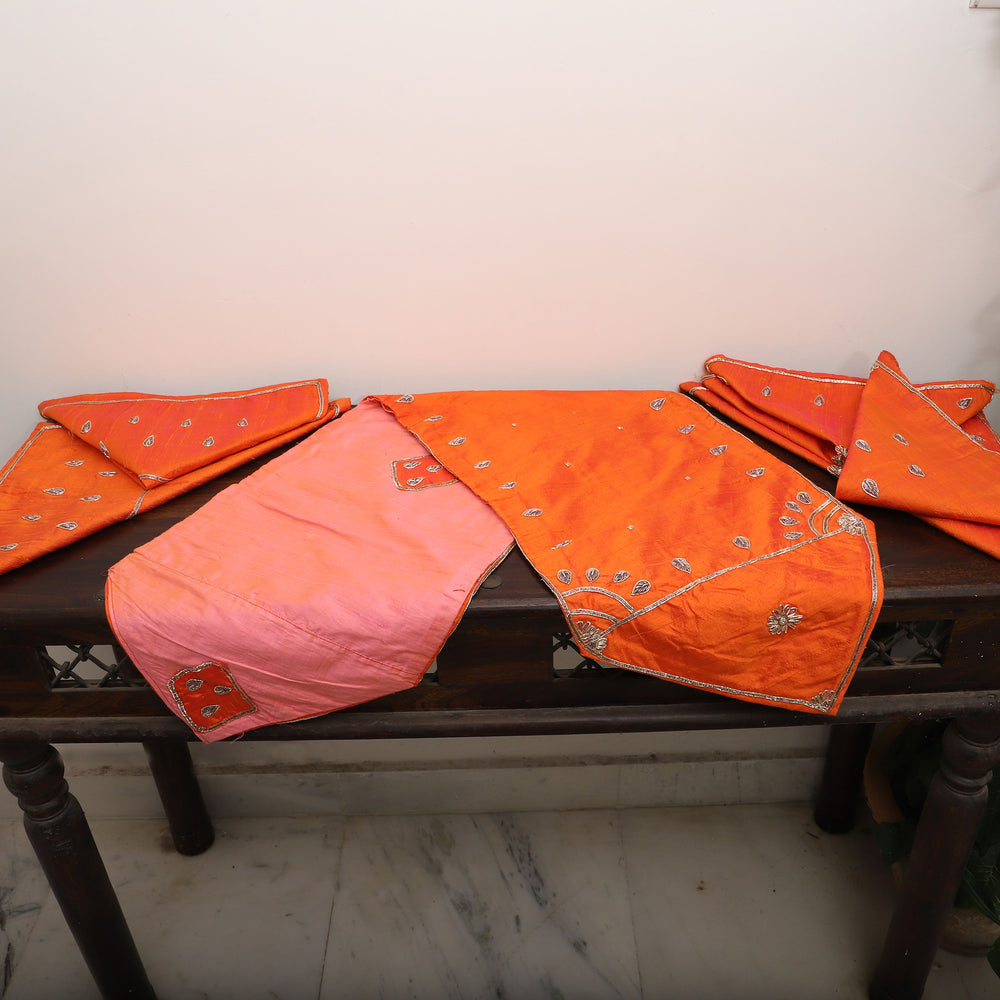 Orange - Drop Butas - Zardozi Hand Embroidered Raw Silk Cushion Cover (Set of 6)