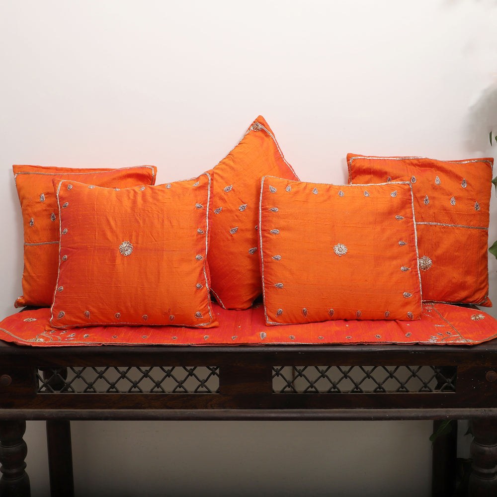 Orange - Drop Butas - Zardozi Hand Embroidered Raw Silk Cushion Cover (Set of 6)