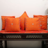 Orange - Drop Butas - Zardozi Hand Embroidered Raw Silk Cushion Cover (Set of 6)