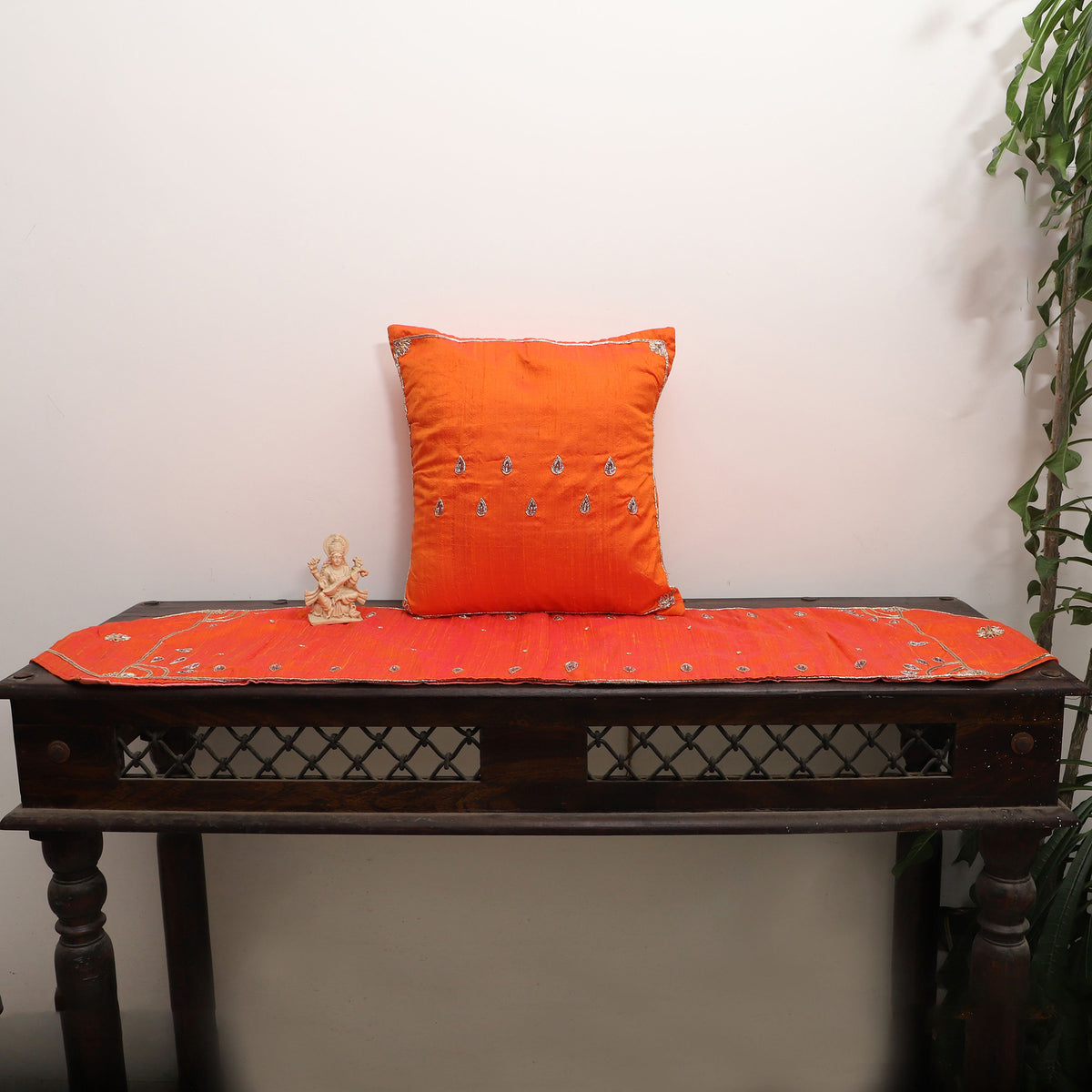 Orange - Drop Butas - Zardozi Hand Embroidered Raw Silk Cushion Cover (Set of 6)