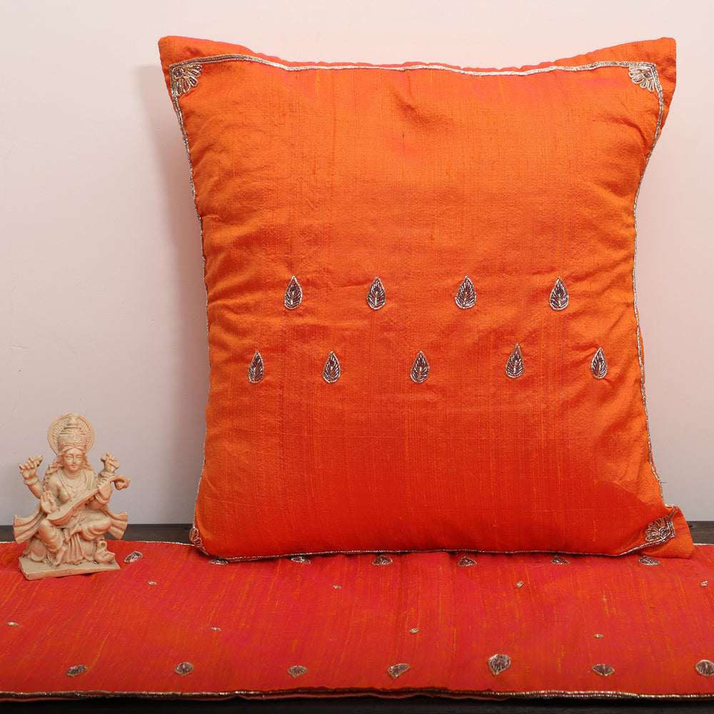 Orange - Drop Butas - Zardozi Hand Embroidered Raw Silk Cushion Cover (Set of 6)