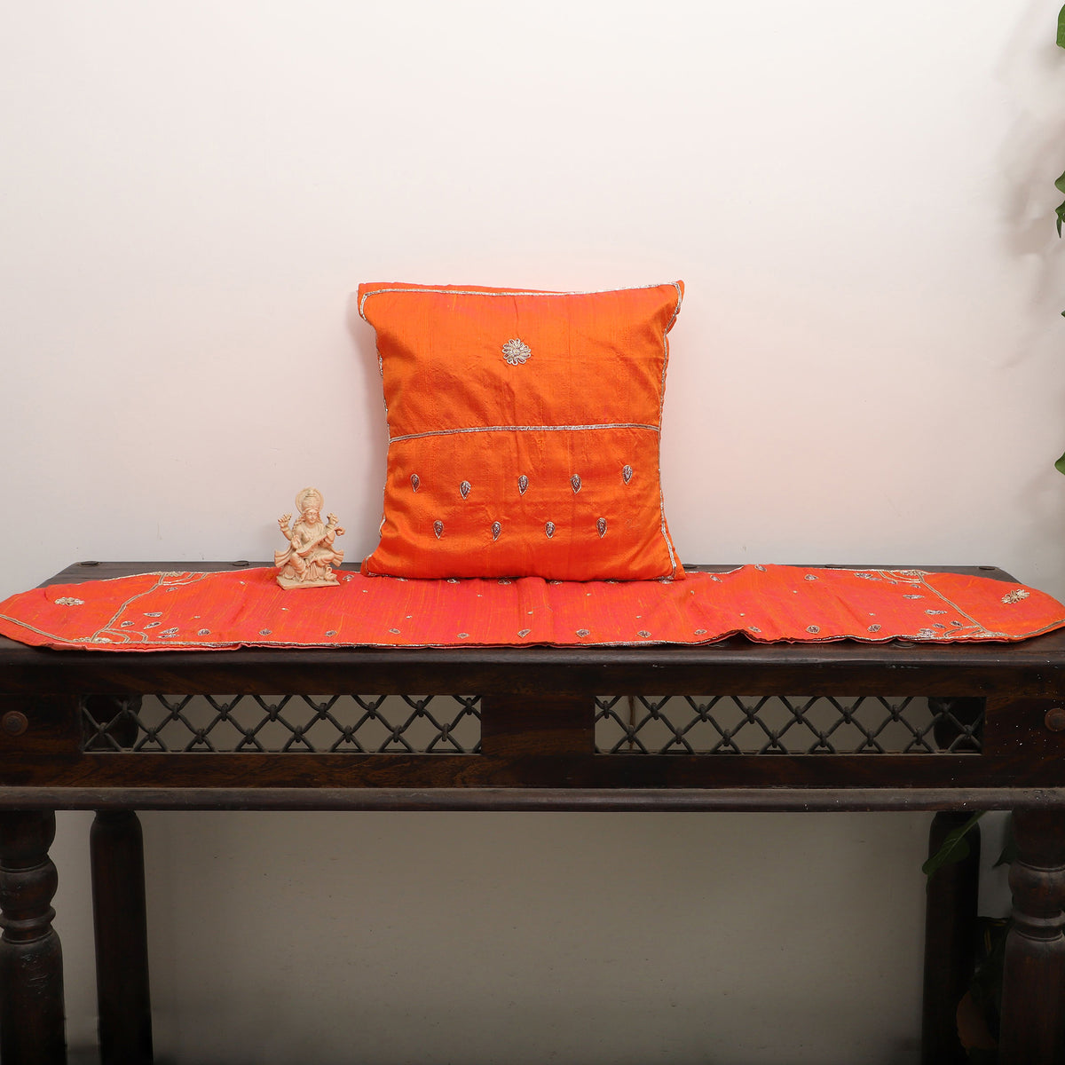 Orange - Drop Butas - Zardozi Hand Embroidered Raw Silk Cushion Cover (Set of 6)