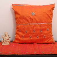 Orange - Drop Butas - Zardozi Hand Embroidered Raw Silk Cushion Cover (Set of 6)