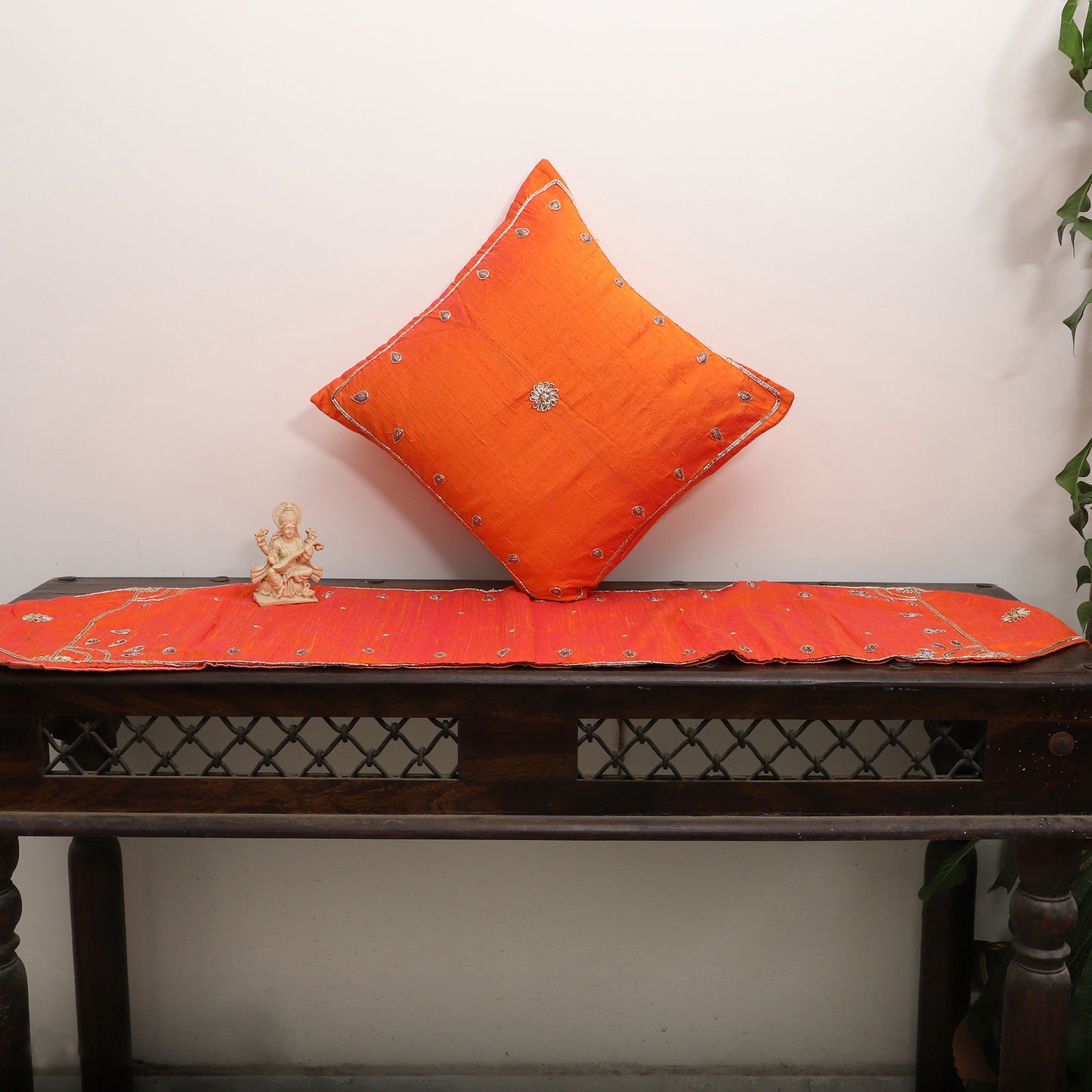 Orange - Drop Butas - Zardozi Hand Embroidered Raw Silk Cushion Cover (Set of 6)