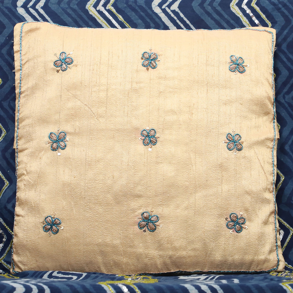 Beige - Flower Butas - Zardozi Hand Embroidered Raw Silk Cushion Cover (Set of 2)