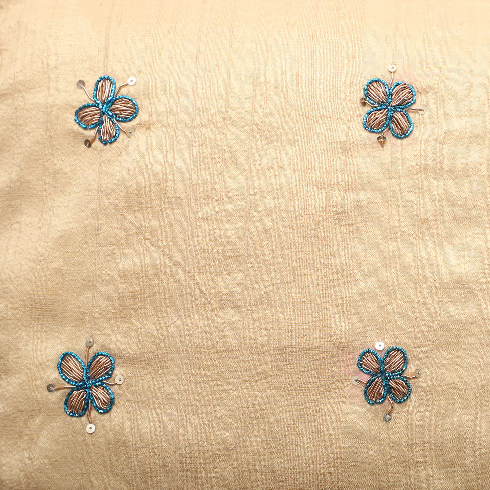 Beige - Flower Butas - Zardozi Hand Embroidered Raw Silk Cushion Cover (Set of 2)