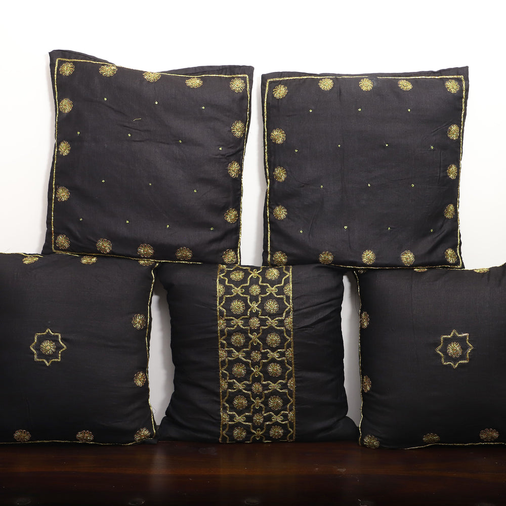 Yellow - Black - Star Butas - Zardozi Hand Embroidered Raw Silk Cushion Cover (Set of 5)