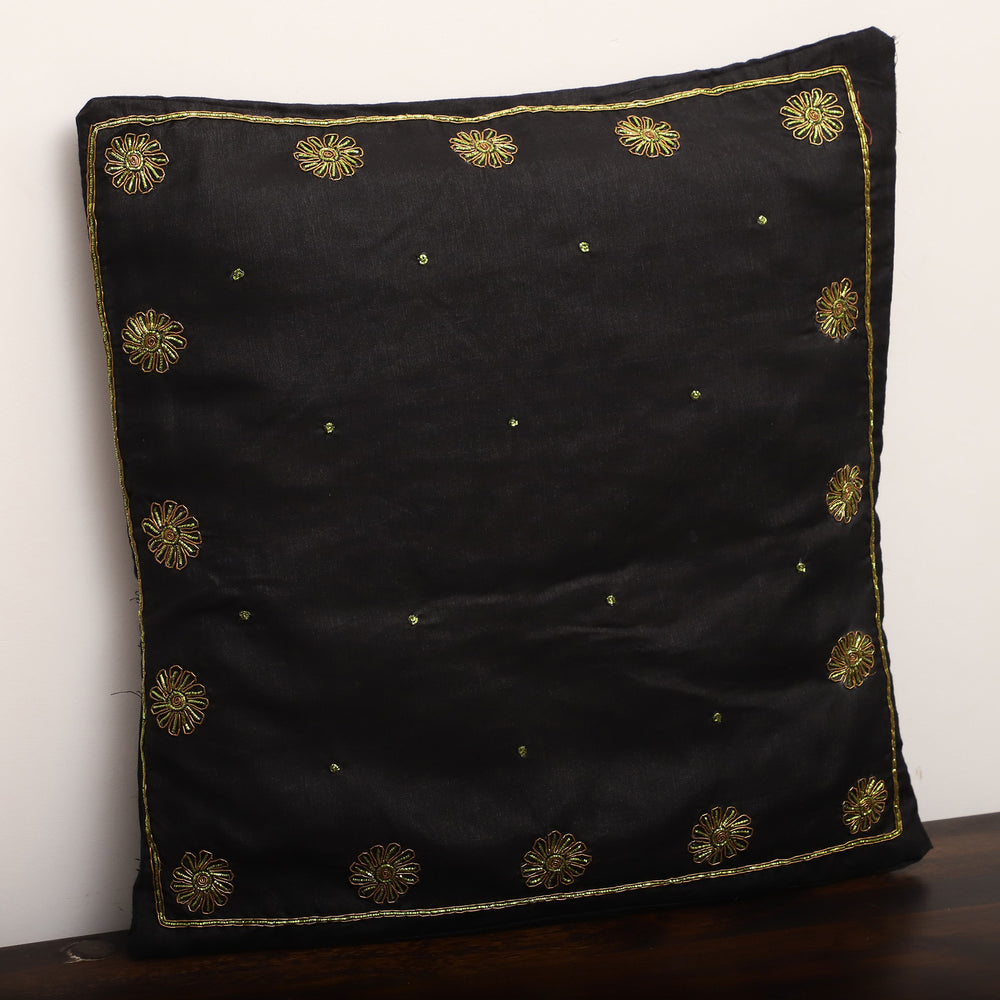 Yellow - Black - Star Butas - Zardozi Hand Embroidered Raw Silk Cushion Cover (Set of 5)