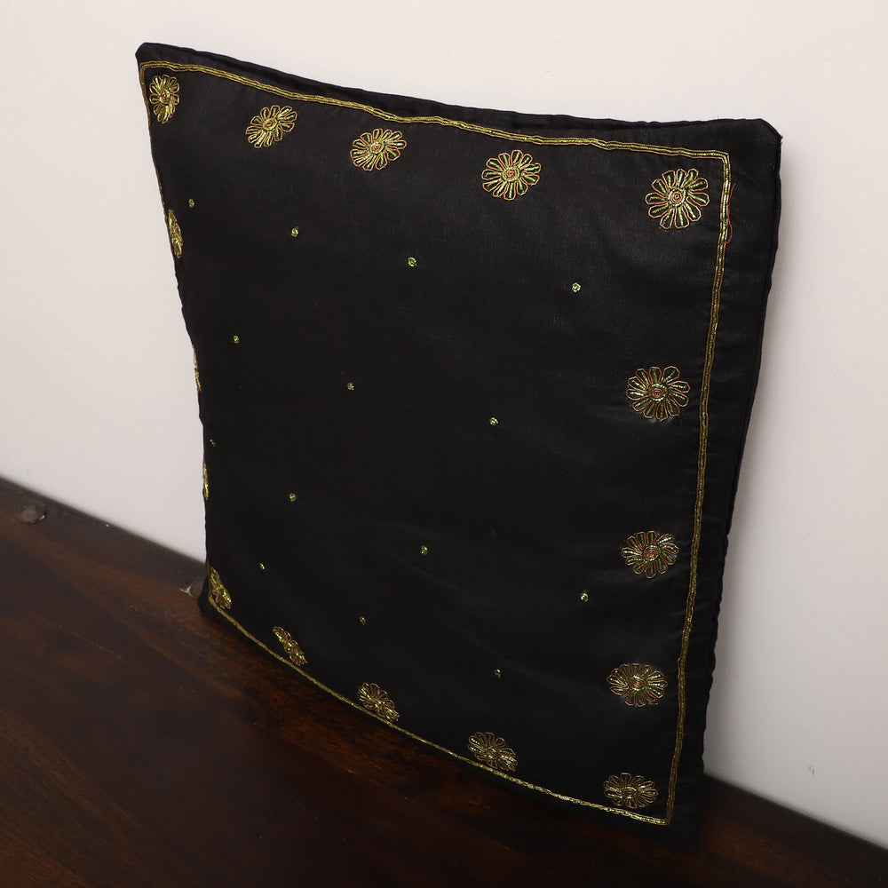 Yellow - Black - Star Butas - Zardozi Hand Embroidered Raw Silk Cushion Cover (Set of 5)