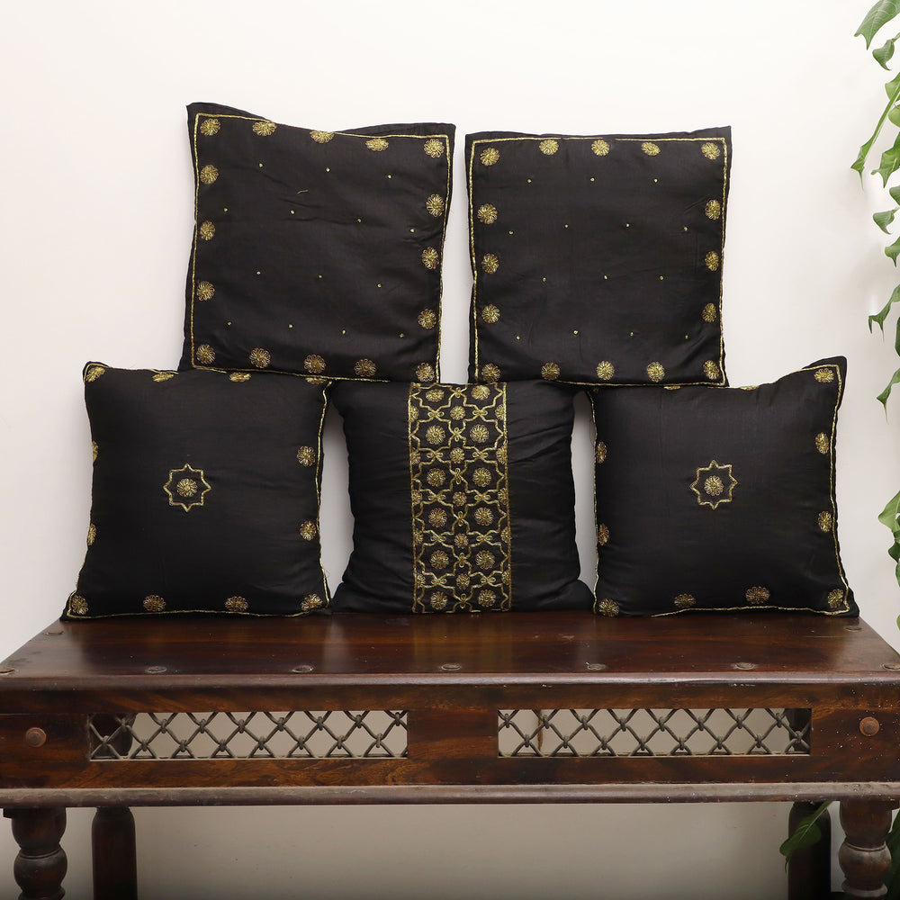 Yellow - Black - Star Butas - Zardozi Hand Embroidered Raw Silk Cushion Cover (Set of 5)