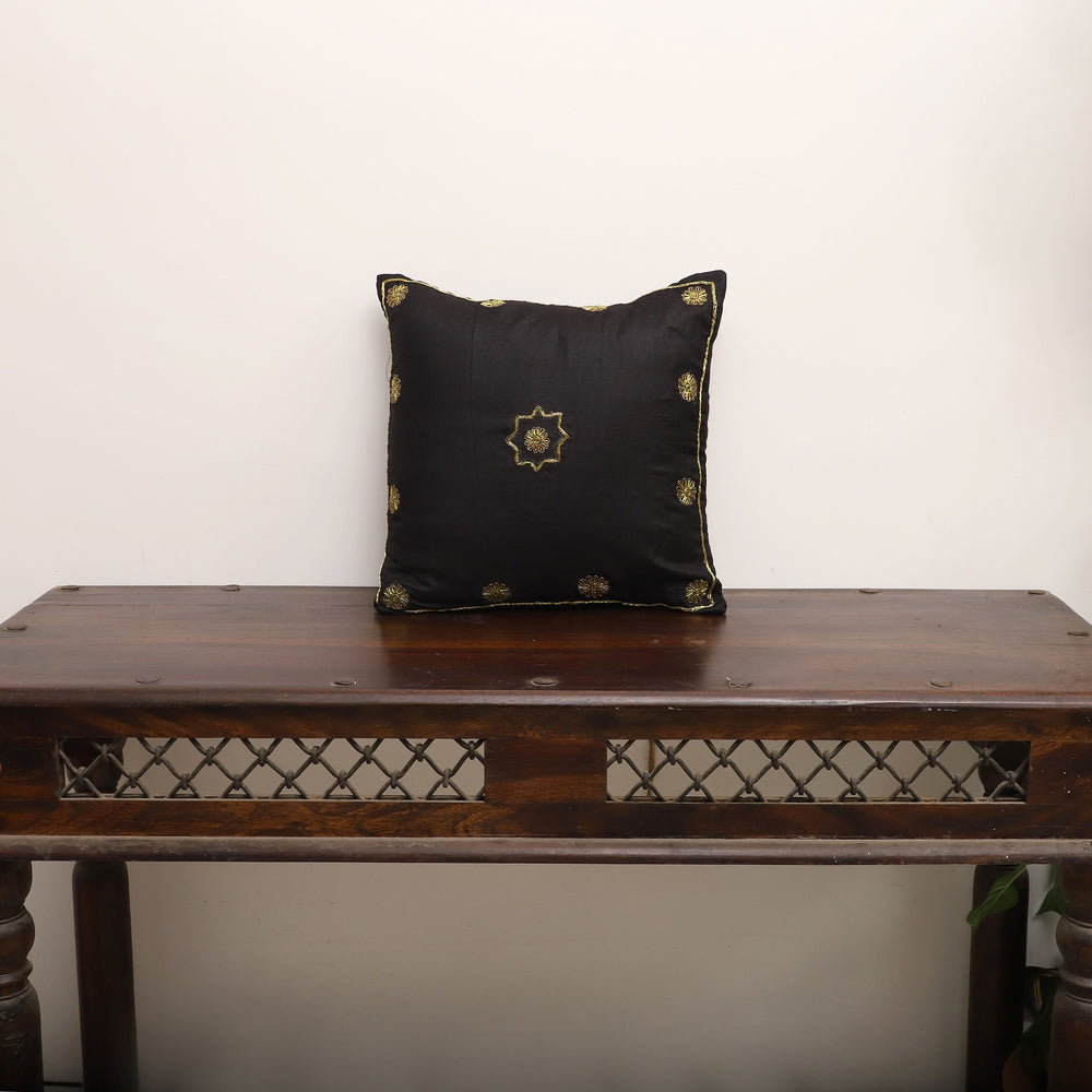 Yellow - Black - Star Butas - Zardozi Hand Embroidered Raw Silk Cushion Cover (Set of 5)