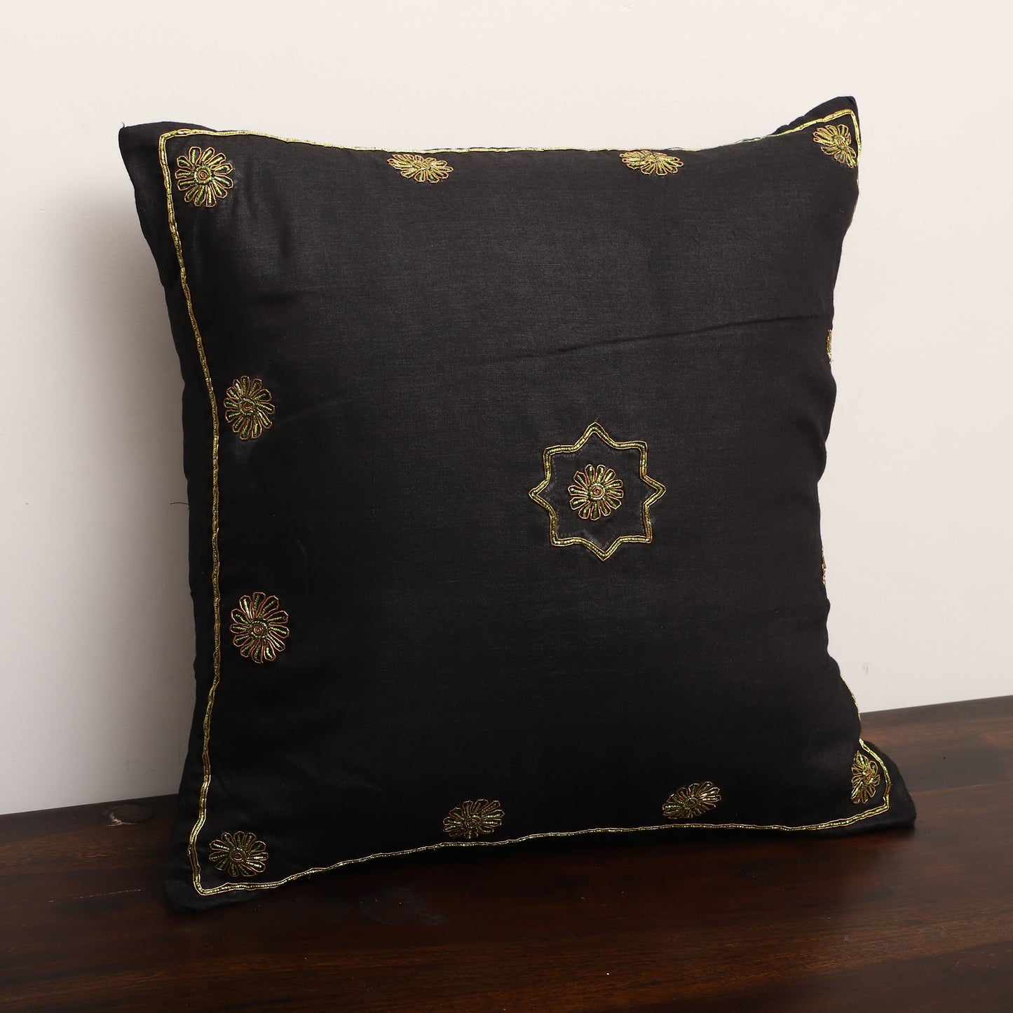 Yellow - Black - Star Butas - Zardozi Hand Embroidered Raw Silk Cushion Cover (Set of 5)