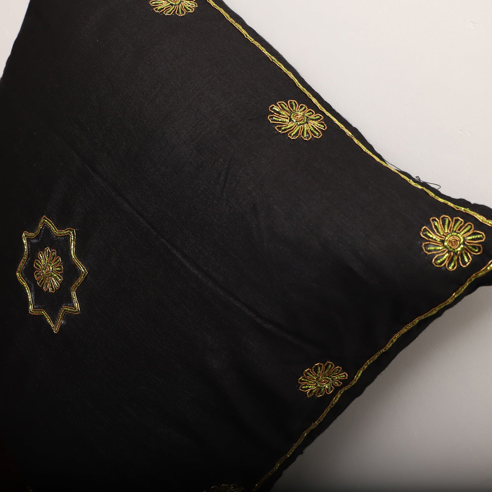 Yellow - Black - Star Butas - Zardozi Hand Embroidered Raw Silk Cushion Cover (Set of 5)