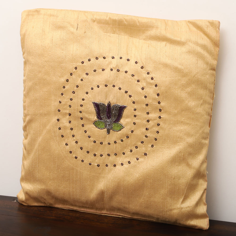 Beige - Lotus Buta - Sequin & Beadwork Raw Silk Cushion Cover (Set of 5)