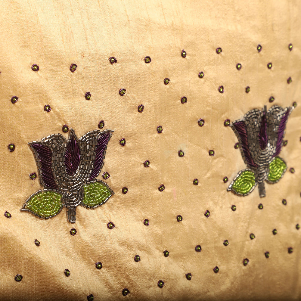 Beige - Lotus Buta - Sequin & Beadwork Raw Silk Cushion Cover (Set of 5)